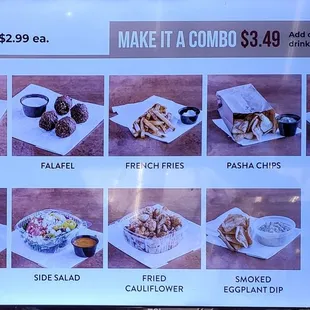 a menu for a variety of foods