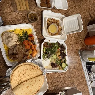 a table full of food items