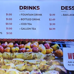 a menu for a variety of foods