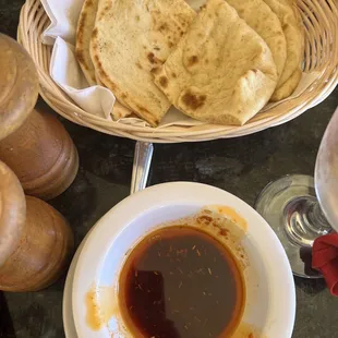 Yummy pita and bread and I am assuming pepper paste and olive oil!