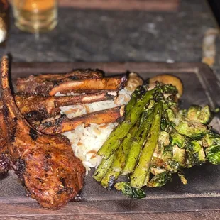 Lamb Chops Grilled Asparagus rice &amp; Brussel Sprout