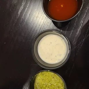 Green sauce, white sauce, and red/hot sauce