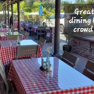 a view of a patio with tables and chairs
