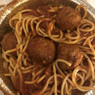 Spaghetti and Meatbals.  Comes with garlic bread.  Cheapest dinner I&apos;ve had in a while!