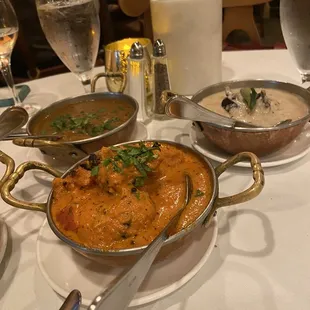 Chicken Makhni and a couple of sides: lentils and eggplant (no longer in the menu)