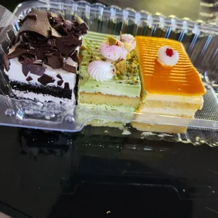 Black forest, pistachio and mango pastry