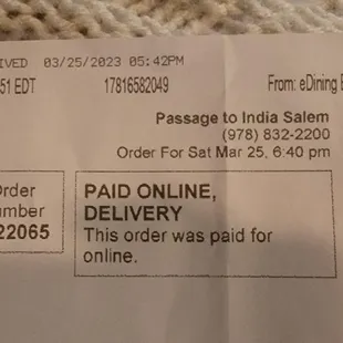 receipt for delivery
