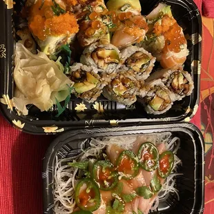 Angel roll, eel roll, sunset roll and yellowfin Serrano