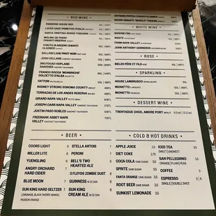 Wine and beer menu