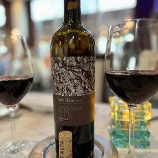 a bottle of wine and two glasses of wine