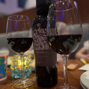 a bottle of wine and two glasses of wine