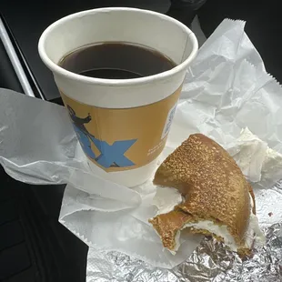 French toast bagel and small coffee I believe the company of the coffee is three beans but I can&apos;t be certain. I&apos;m sure I botched that name.