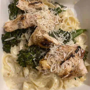 Final dish - chicken fettuccine alfredo with baby broccoli and roasted garlic noodles.
