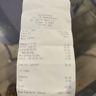 the receipt for the pasta bowl