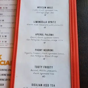 Drink menu, I HIGHLY recommend the limoncello spritz.