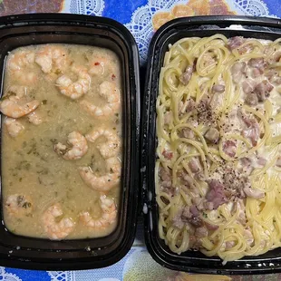 Garlic shrimp and Spaghetti Carbonara