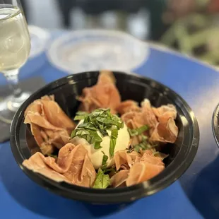 Burrata and prosciutto for our garlic bread