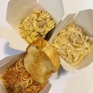 Spaghetti bolognese, chicken fettuccine, and beef stroganoff.