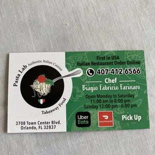 Chef Biagio Fabricio Farinaro&apos;s business card.  Takeout and delivery options