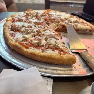 Pepperoni and sausage thick crust pizza