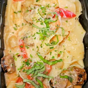 Spicy Sicilian with Italian sauce and pappardelle