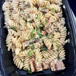 Pasta On The Fly, Maple Street. Olive Oil and Fresh Herbs, on Fusilli Pasta. I added Grilled Chicken Breast.