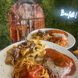 Short rib, chicken parm, spaghetti tomato Basil. Choose two and split!