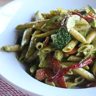 Our NEW Protein Power Penne is made with chickpea penne, vegan pesto,  fresh vegetables, garlic, and basil.
