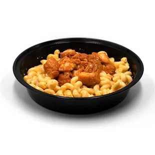 a black bowl of food on a white background