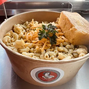 Macaroni and cheese, can add chicken, pulled pork or ribs. Delicious on its own or with protein.