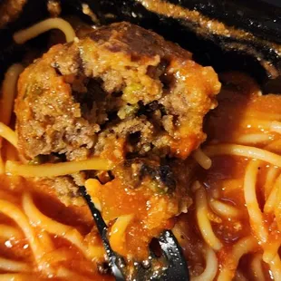 The spaghetti and meatballs are tasty but a bit too sweet for my liking. I&apos;ve never had meatballs with currants in them.