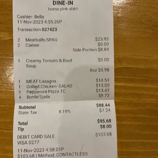 a receipt for dinner