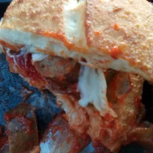 Pastaggio&apos;s Italian sausage sandwich on their home made ciabatta-style bread. The best sausage sandwich in town.