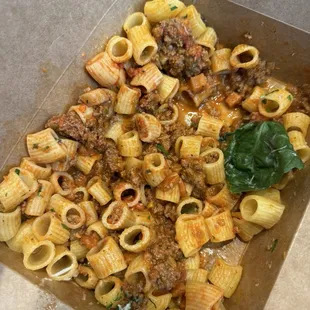 Rigatoni with bolognese ragu sauce, flavorless and poorly executed.