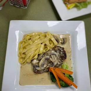 a plate of pasta and mushrooms