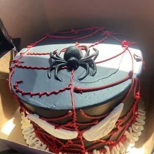 THIS IS WHAT WE GOT. The spider web pattern is very messy and the eyes are uneven. Don&apos;t even get me started on the happy birthday writing.