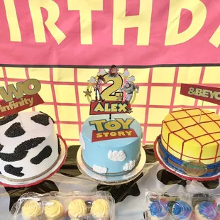 10 in round Toy Story Themed tres leches cakes. Super big cakes! They decorated but I provided the cake toppers. Delicious!