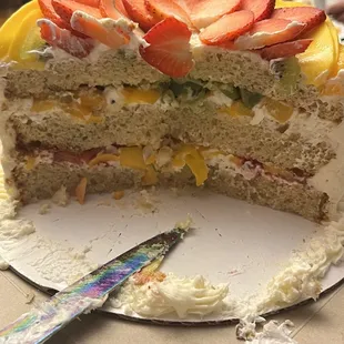 Great last minute cake. Fruit was good, cake was moist, frosting was not too sweet