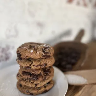 a stack of chocolate chip cookies