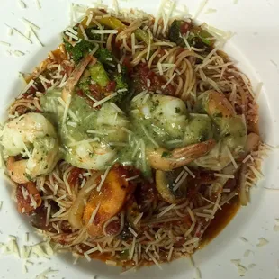 Shrimp primavera in homemade marinara