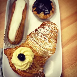 Lobster tail, eclair, chocolate cream puff