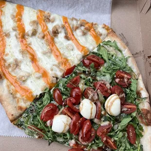 Pizza by the slice - buffalo chicken and arugula