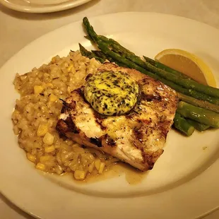 Grilled Mahi Mahi with sweet corn risotto and asparagus