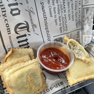 Cheesesteak Fried Raviolis with spicy ketchup