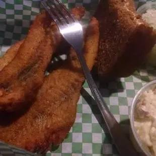 Friday night fish fry: Cajun Whiting w/ bread and butter, cole slaw, and potato salad