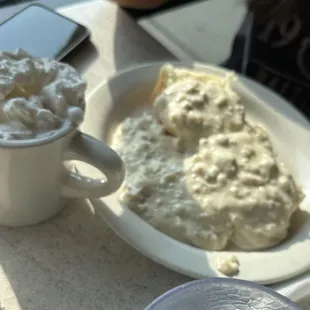 Hot chocolate and half order of biscuits and gravy