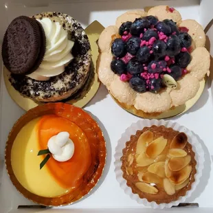 Oreo cheesecake, blueberry almond dacquoise, mango mousse, almond tart--all delish!