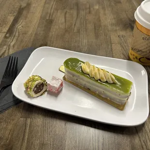 The pistachio cake, with two other little desserts that I always save for later!