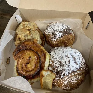 Pictured: two Nutella croissants, a raisin roll thing, and a creamy almond croissant.