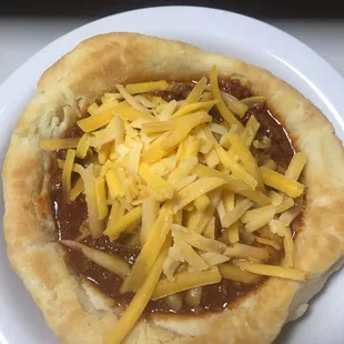 Homemade chili in a biscuit bowl